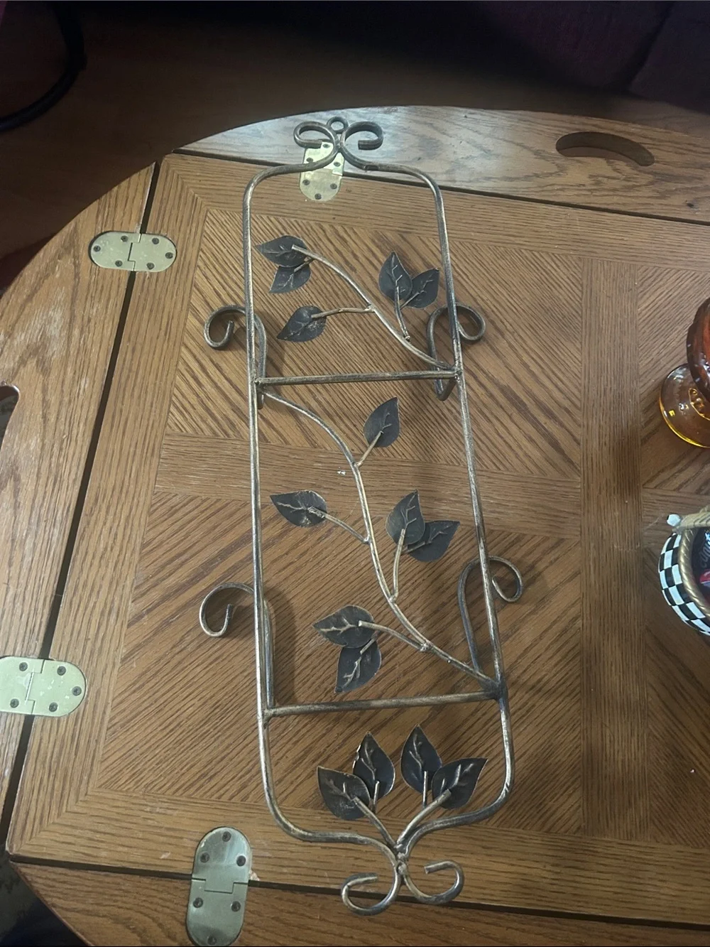 Vintage Wrought Iron Wall Plate Display Rack with Leaf Motif in Aged Bronze